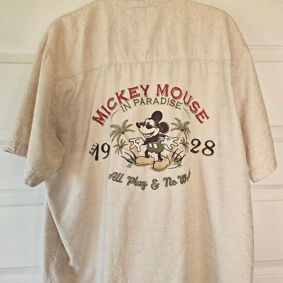 Disney Other - Disney Parks Mickey Mouse in Paradise Hawaiian Shirt Mens L Beige Aloha Camp